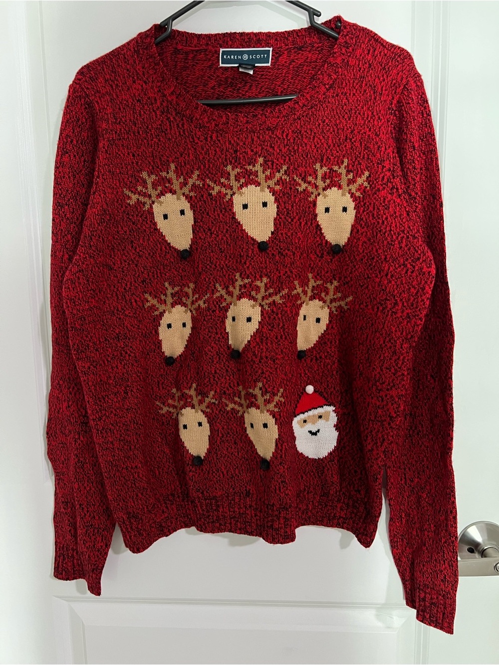 Karen Scott Red Reindeer & Santa Knit Crewneck Sweater